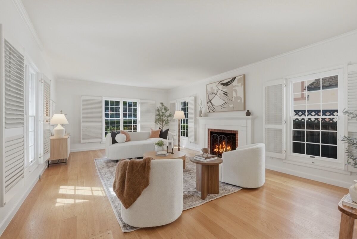 1408 Alvarado Ave living room with fireplace, Burlingame